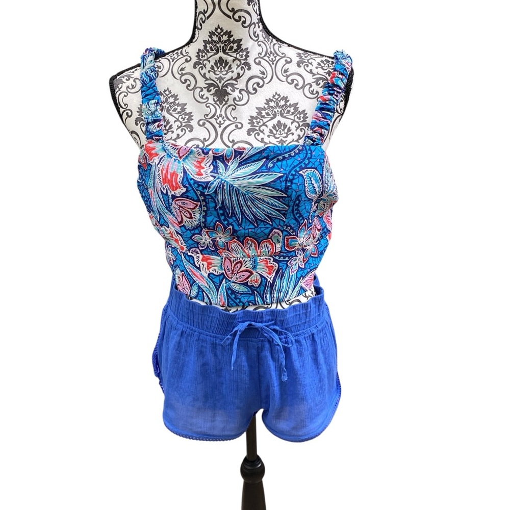 New Rachel Zoe Blue and Pink Patterned Cropped  Top Size Large Women